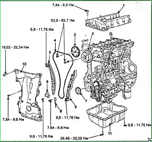 Снятие и установка цепи привода ГРМ и балансирного механизма двигателя G 2.0–2.4 DOHC