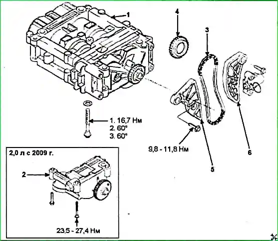 Снятие и установка цепи привода ГРМ и балансирного механизма двигателя G 2.0–2.4 DOHC