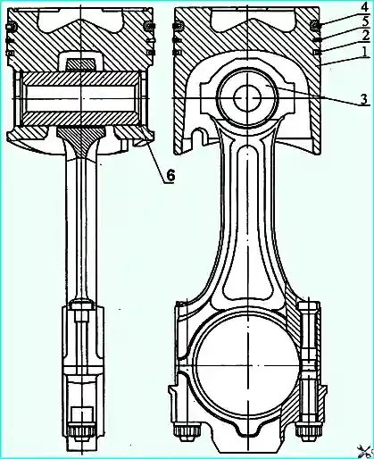 Piston with connecting rod and rings assembled